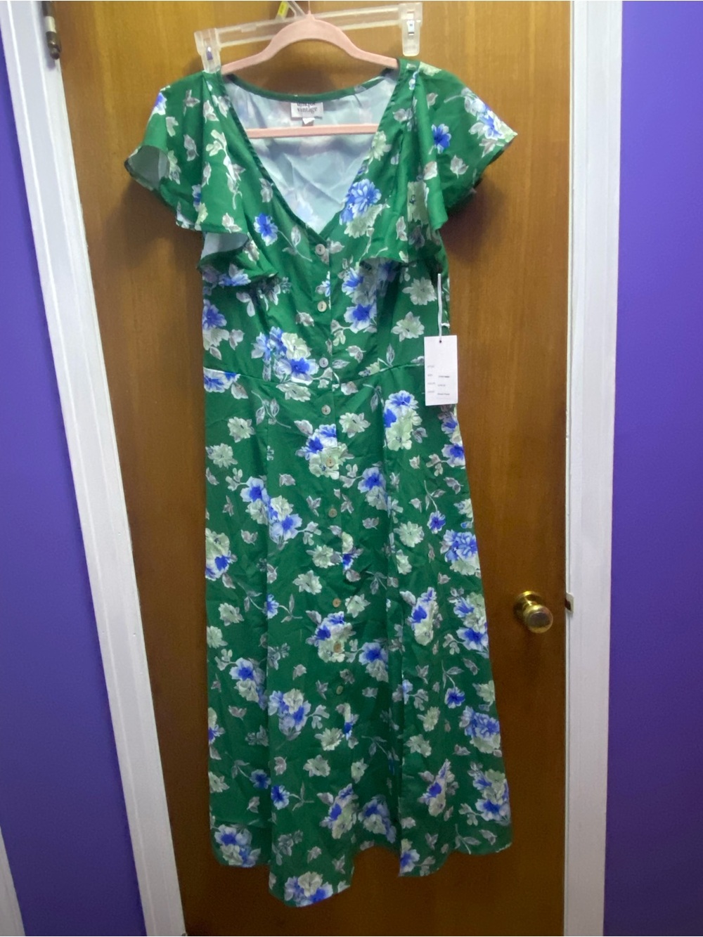 NWT Unique Vintage Green Dress with Blue & White Floral Print